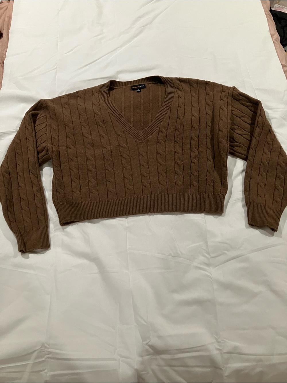 Ambiance Brown Cable-Knit V-Neck Sweater